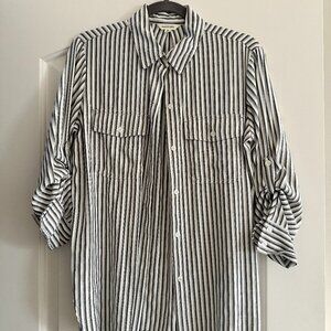 Max Studio Lightweight Button-Down Shirt in Grey and White - Size XS
